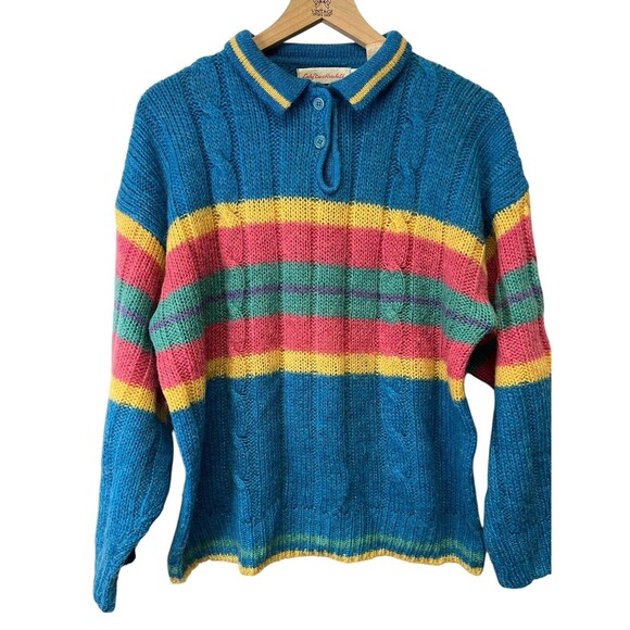Vintage Lady De Rotchild Blue Stripe Cable Knit Collared Sweater Women's Size 42 - Picture 2 of 10